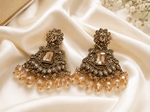 Champagne Crystal Antique Statement Chandbali Earrings | Premium Party & Wedding Earrings for Women