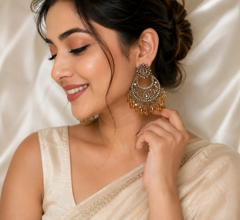 Vintage Champagne Crystal Chandbali Earrings | Premium Ethnic Statement Earrings for Women