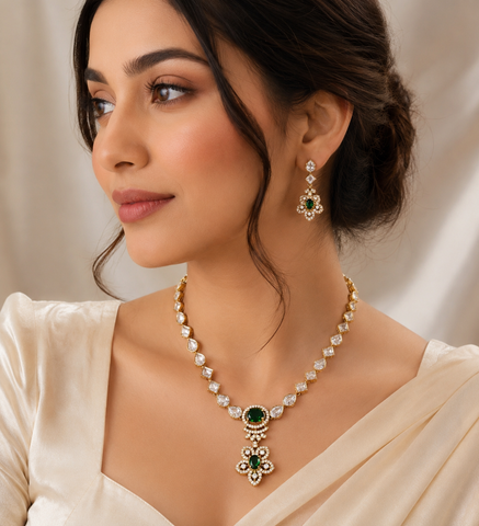 Emerald Elegance Gold-Tone Necklace & Earrings Set