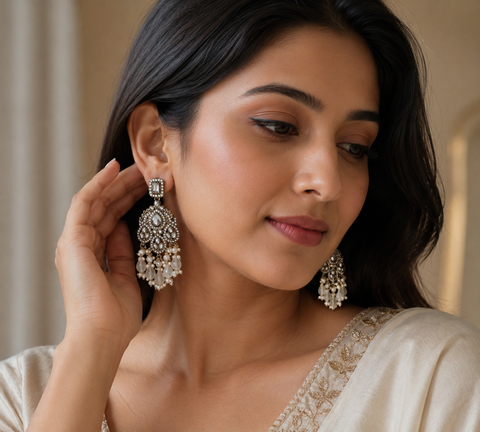 Royal Kundan Pearl Drop Earrings for Women | Premium Ethnic Statement Earrings