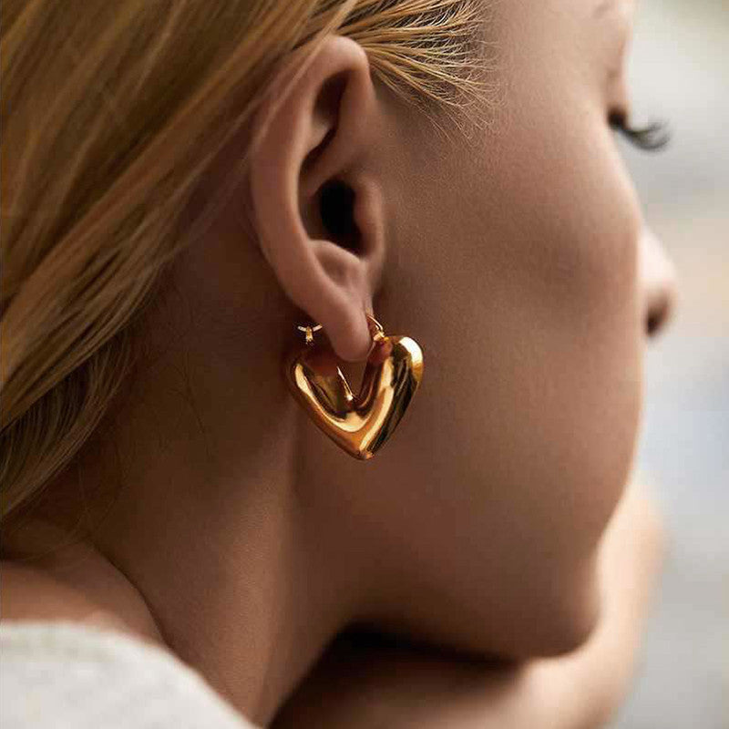 Gold Puffy Heart Hoop Earrings - Anti-Tarnish Bold Love Hoops