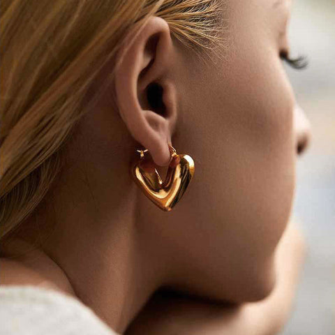 Gold Puffy Heart Hoop Earrings - Anti-Tarnish Bold Love Hoops