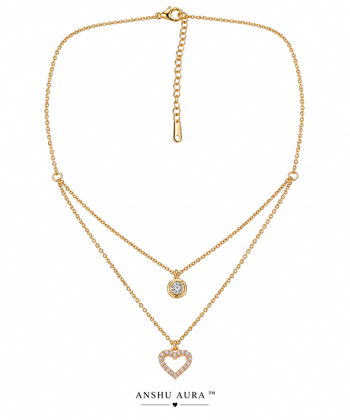 Double Layer Heart & Crystal Pendant Necklace
