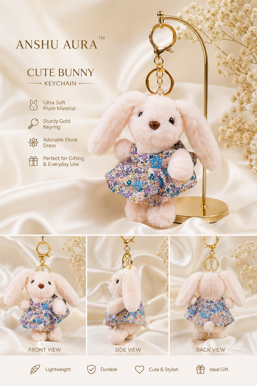 Cute Floral Bunny Plush Keychain – Soft & Adorable Bag Charm