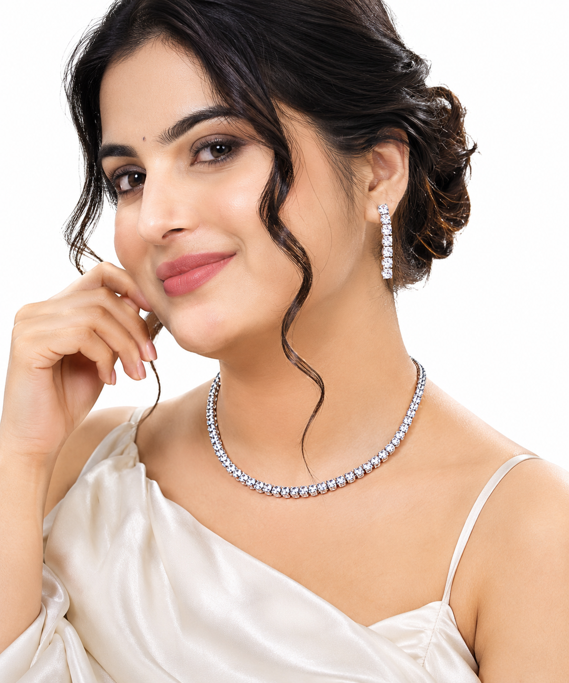 Premium Silver Crystal Tennis Necklace & Matching Earrings Set