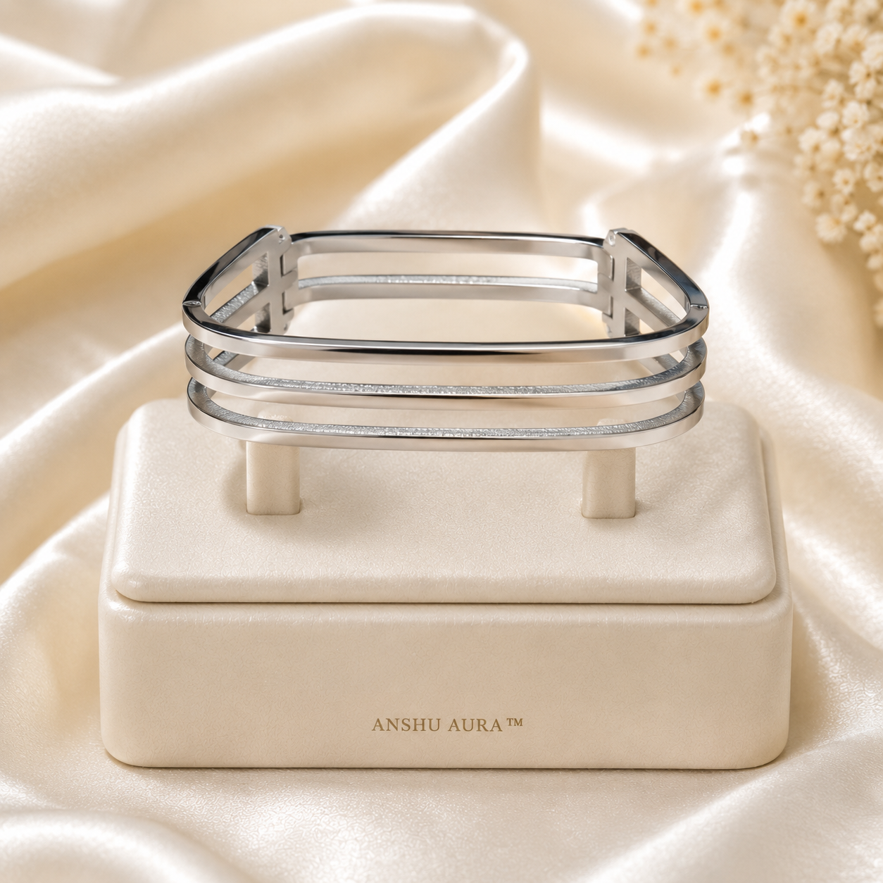 Luxe Triple-Line Silver Cuff Bracelet