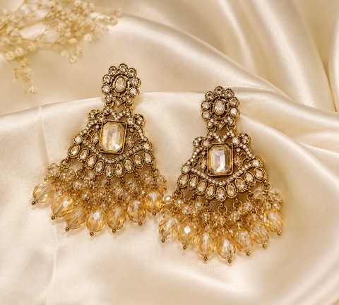 Vintage Champagne Crystal Chandbali Earrings for Women | Premium Ethnic Statement Earrings