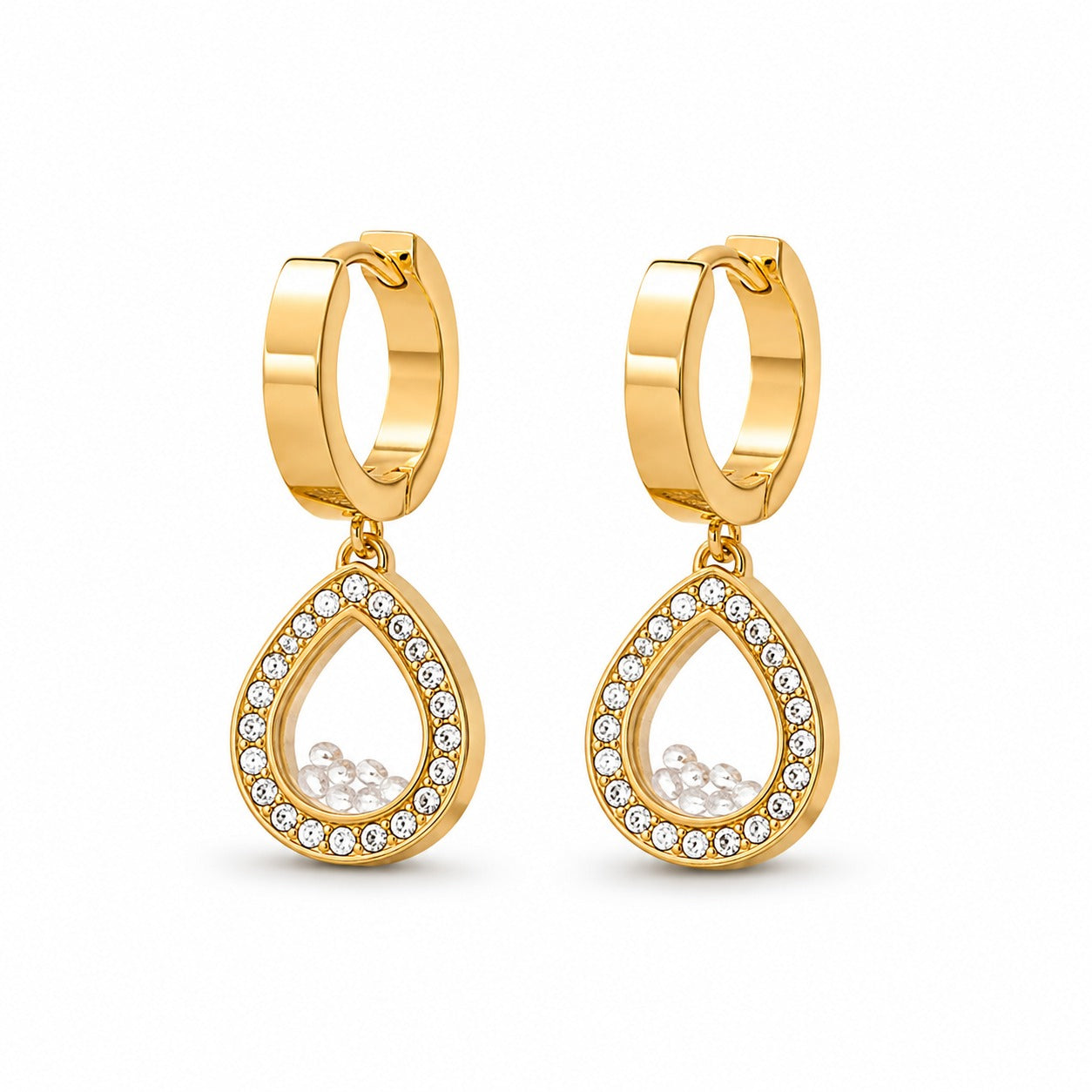 Elegant Gold-Plated Teardrop Huggie Hoop Earrings with Floating Crystals