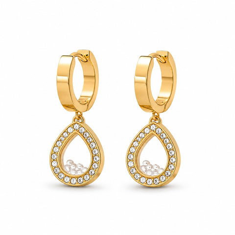 Elegant Gold-Plated Teardrop Huggie Hoop Earrings with Floating Crystals