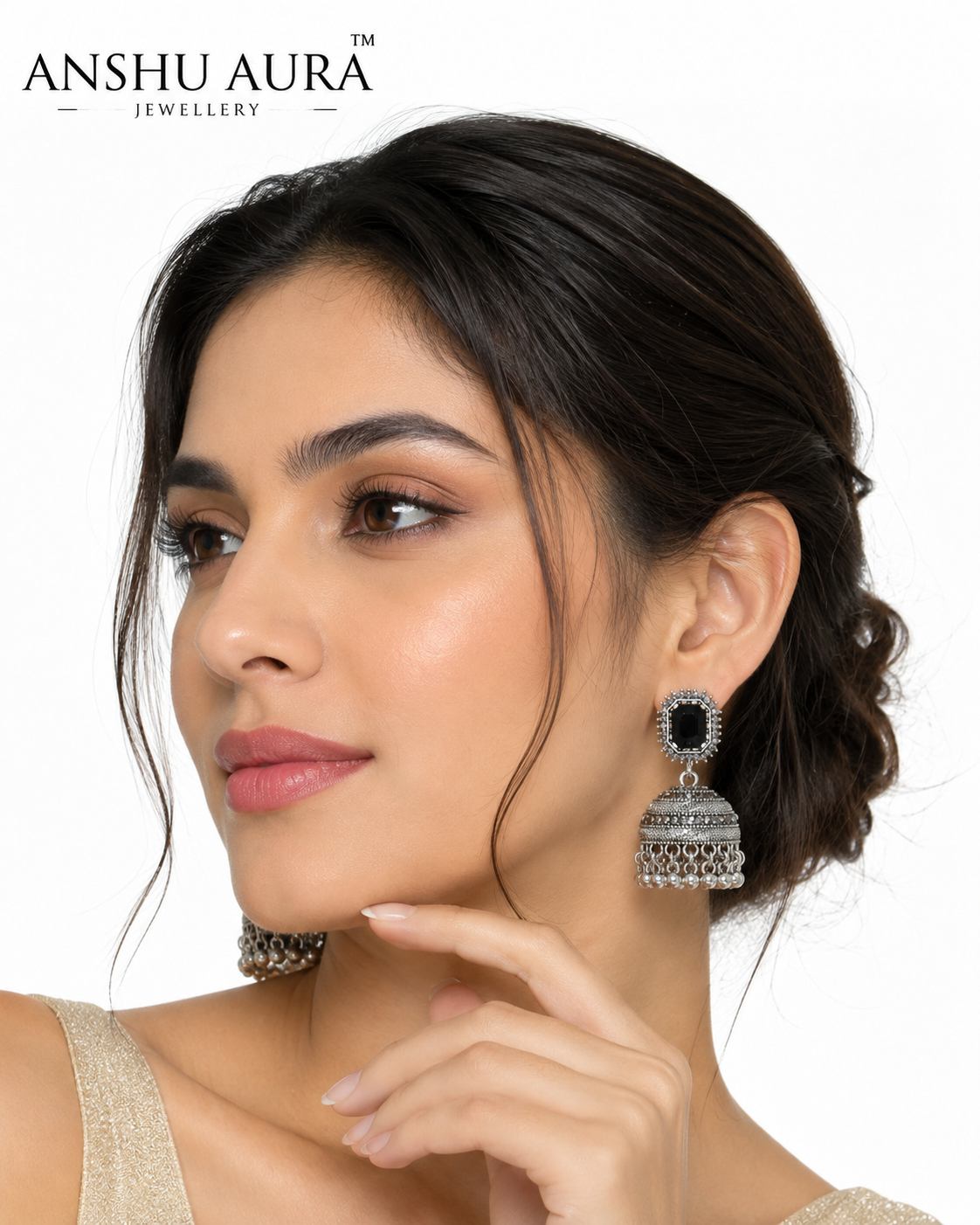 Black Stone Oxidized Jhumka Earrings