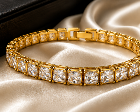 Gold Tone Princess Cut Tennis Bracelet | Premium Stainless Steel | Unisex