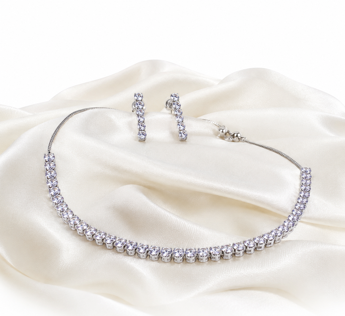 Premium Silver Crystal Tennis Necklace & Matching Earrings Set