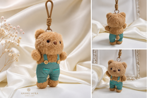 Cute Teddy Bear Plush Bag Charm Keychain – Blue Dungaree