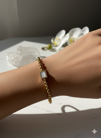 Aura Gold-Plated Beaded Bracelet with Crystal-Studded Rectangle Charm
(Alt Title: The Regal Bead & Crystal Bracelet – Gold Edition)