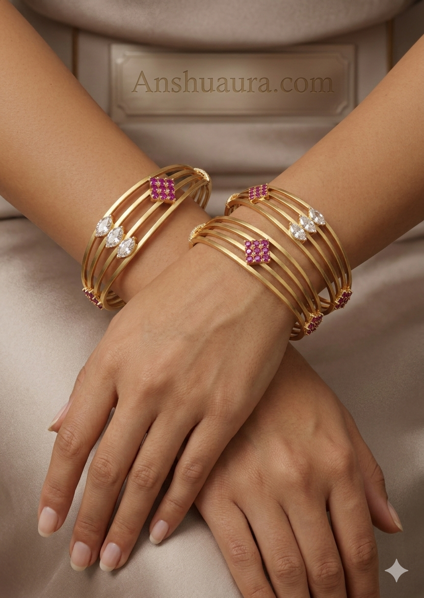 Anshuaura Exclusive: 18K Gold-Plated Quad-Strand Ruby & Diamond Fusion Bangles