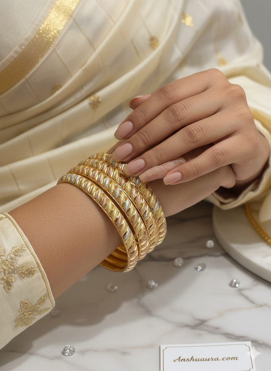 Elegant Tri-Tone Gold Textured Bangles | Anshu Aura Luxury Collection