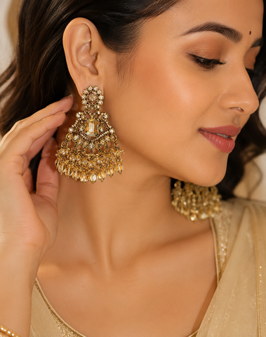 Vintage Champagne Crystal Chandbali Earrings for Women | Premium Ethnic Statement Earrings
