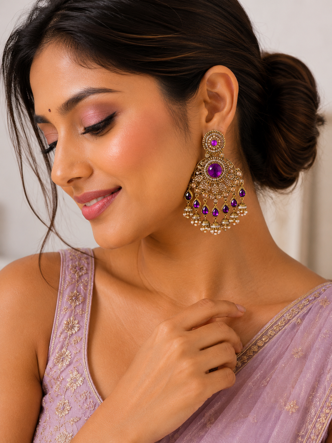 ANSHU AURA Purple Stone Chandbali Earrings – Premium Antique Gold Plated Statement Earrings for Women