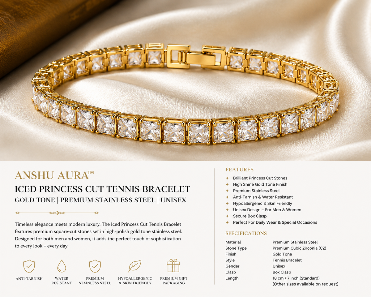 Gold Tone Princess Cut Tennis Bracelet | Premium Stainless Steel | Unisex