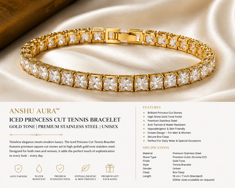 Gold Tone Princess Cut Tennis Bracelet | Premium Stainless Steel | Unisex