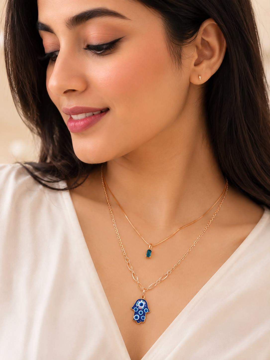 Premium Blue Hamsa Evil Eye Layered Gold