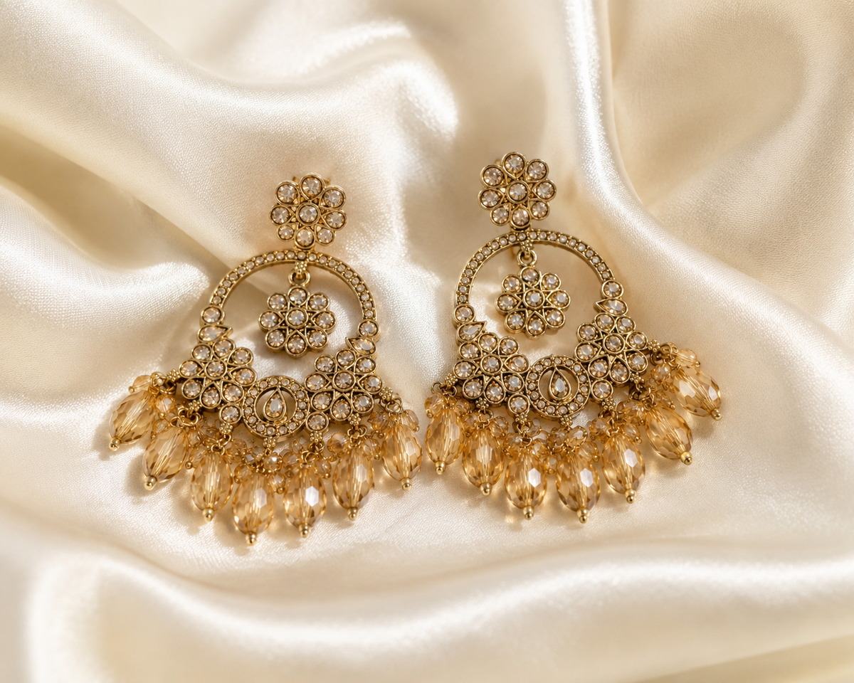 Champagne Crystal Chandbali Earrings – Premium Gold Finish Ethnic Party Wear Earrings