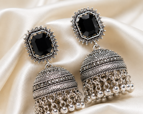 Black Stone Oxidized Jhumka Earrings