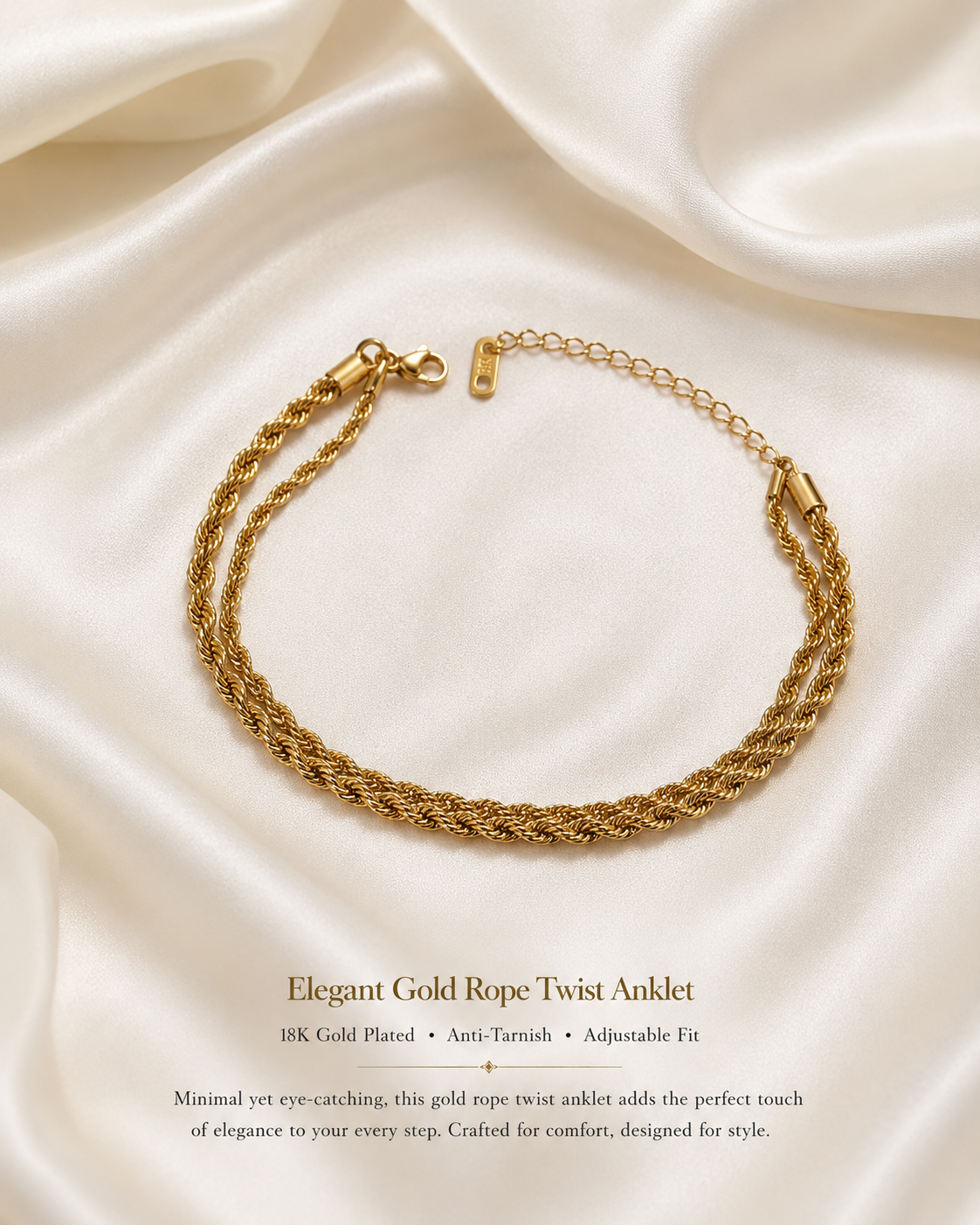 Gold-Plated Twisted Rope Anklet for Women | Adjustable Chain | Elegant Everyday Wear