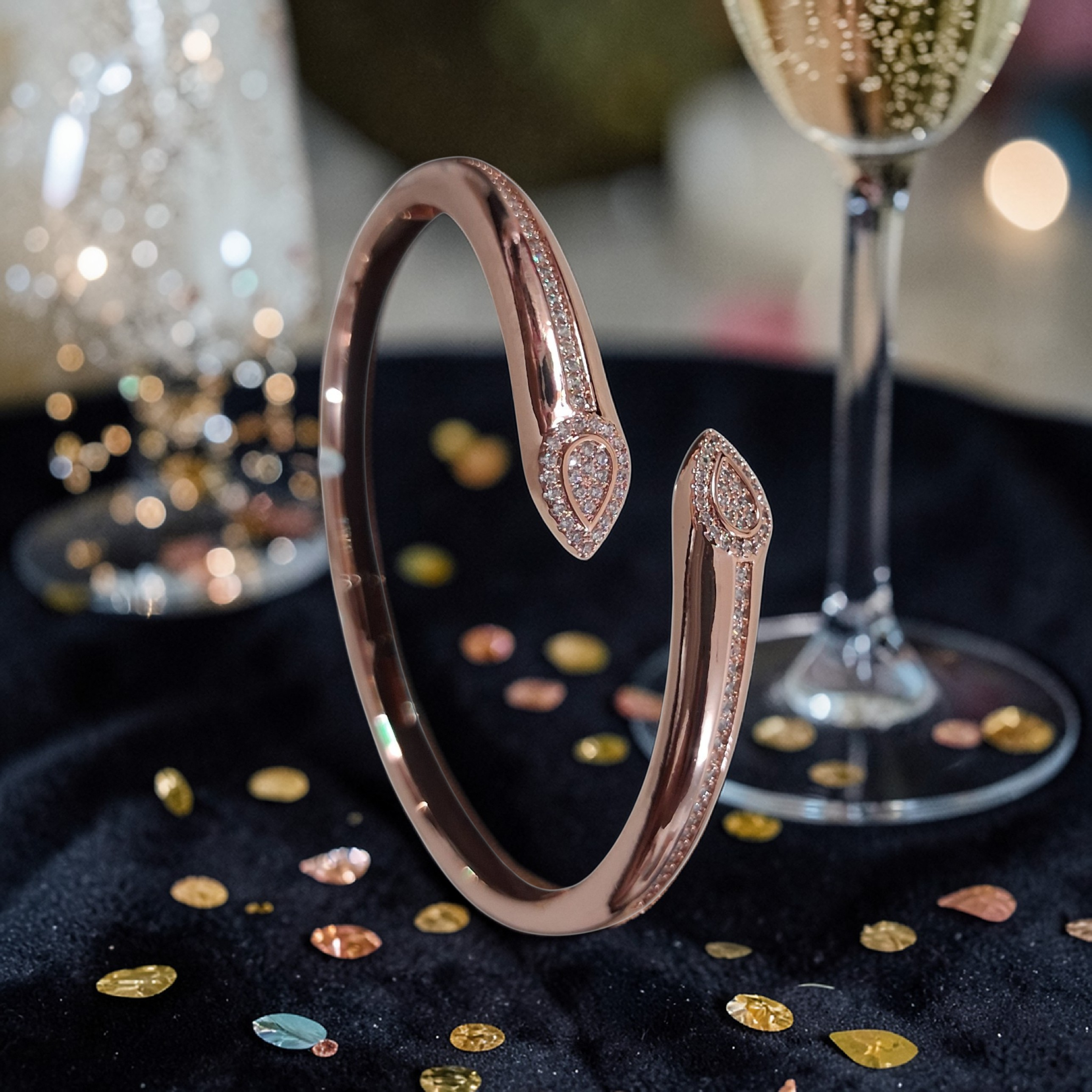 Rose Gold Serpent-Style Open Bypass Bangle with Diamond Accents