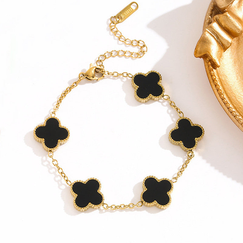 Onyx Clover Leaf 18K Gold Plated Bracelet