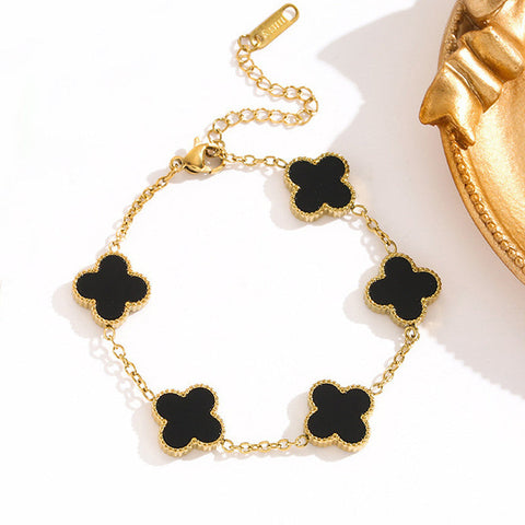 Onyx Clover Leaf 18K Gold Plated Bracelet