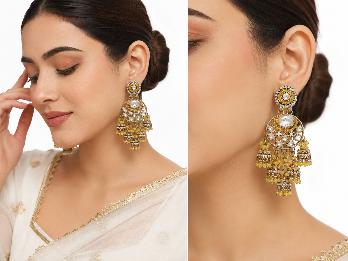 Royal Yellow Stone Chandbali Jhumka Earrings
