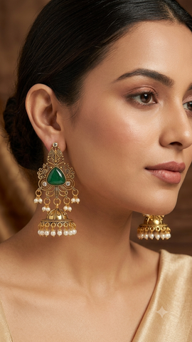 Elegant Emerald Green Triangular Jhumka Earrings