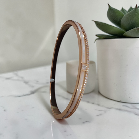 Elegance Rose Gold & Mother-of-Pearl Bangle with Zirconia Accents