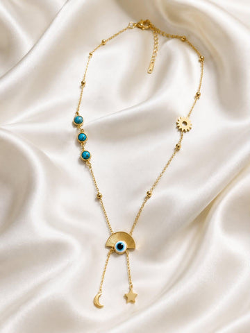Gold Evil Eye Pendant Necklace with Turquoise Stones
