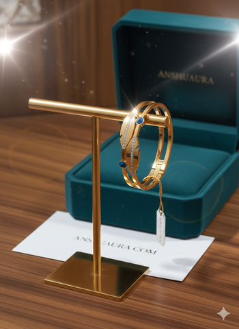 The Eternal Charm: 18K Gold-Plated Feather & Evil Eye Cuff Bracelet