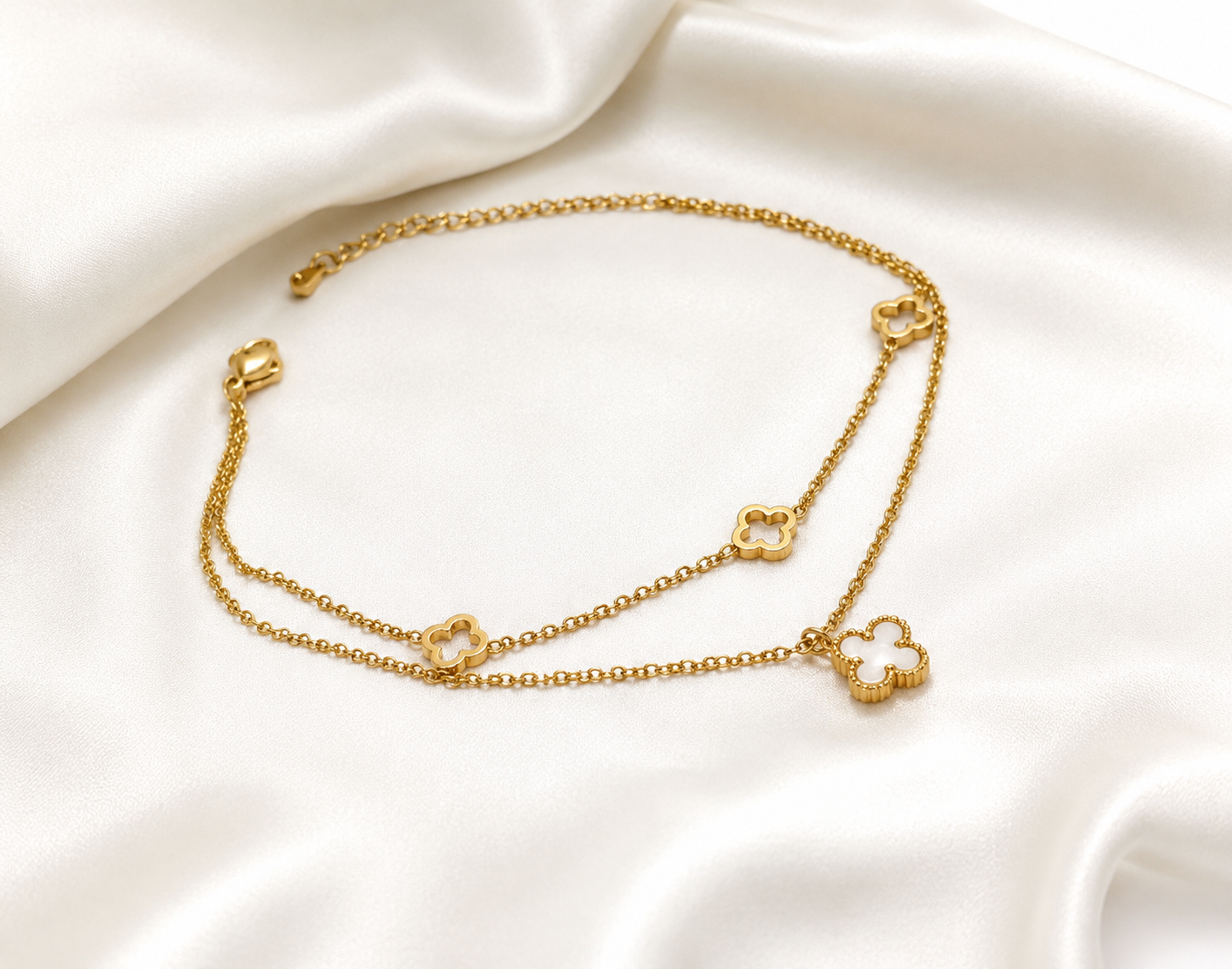 Premium Clover Charm Double-Layer Gold Anklet