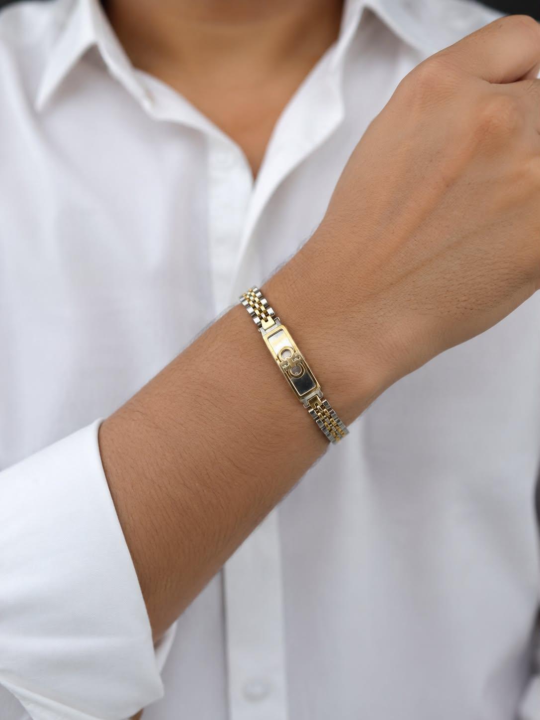 Premium Two-Tone Magnetic Therapy Bracelet for Men | Elegant Stainless Steel Gold & Silver Finish