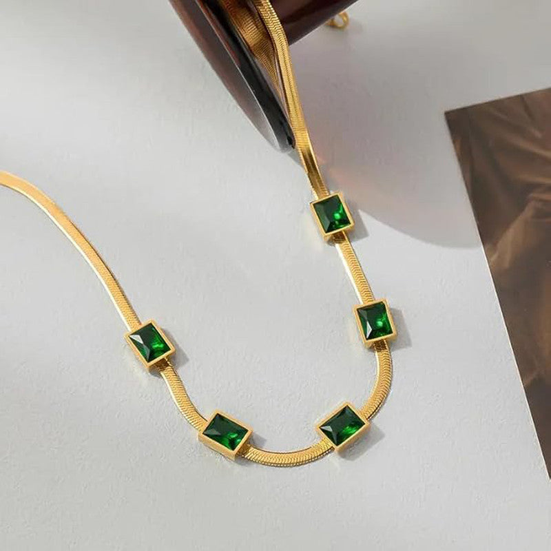 Emerald Elegance Herringbone Choker Necklace - Anti-Tarnish Daily Luxury Wear