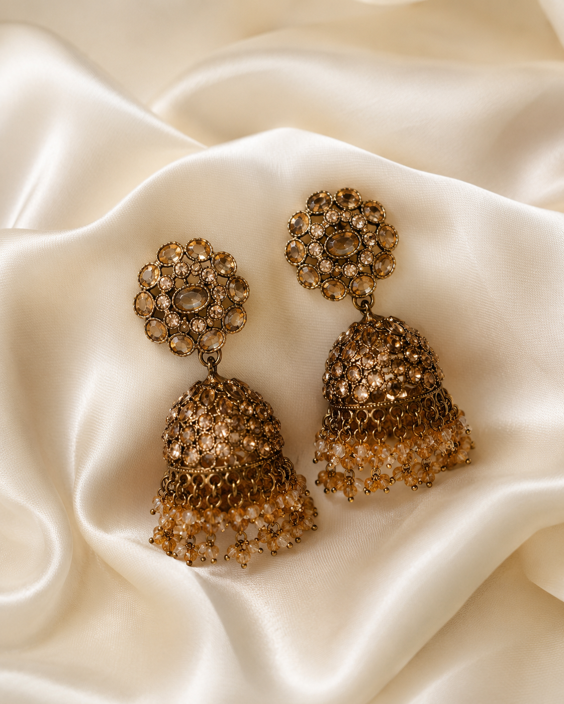 Champagne Crystal Antique Jhumka Earrings for Women | Premium Party & Wedding Earrings – ANSHU AURA