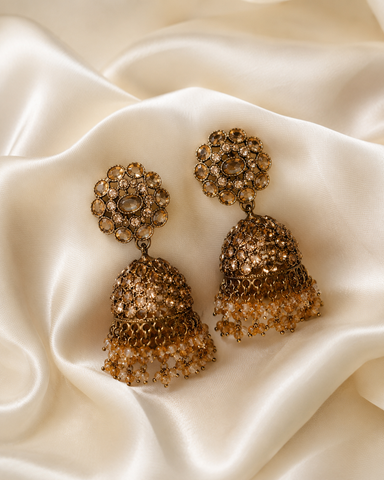 Champagne Crystal Antique Jhumka Earrings for Women | Premium Party & Wedding Earrings – ANSHU AURA