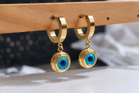Blue Evil Eye Gold-Tone Huggie Earrings