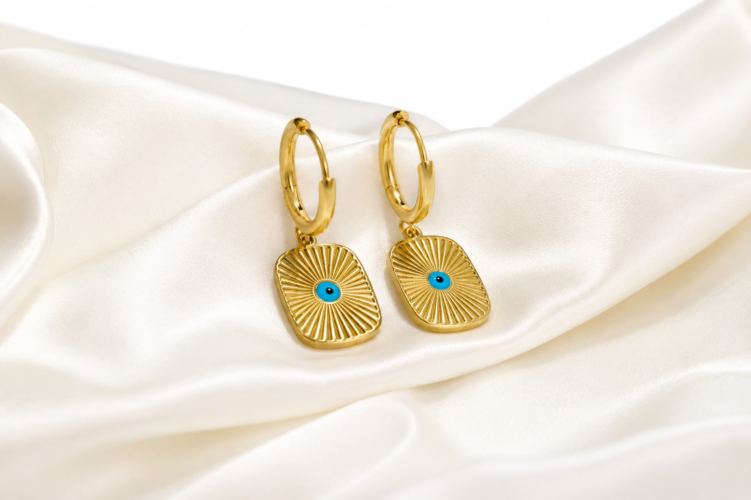 Blue Evil Eye Sunburst Gold Hoop Earrings