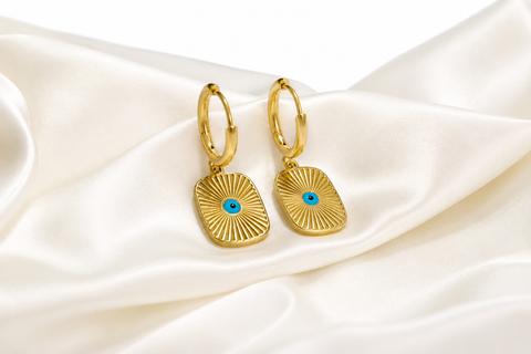 Blue Evil Eye Sunburst Gold Hoop Earrings