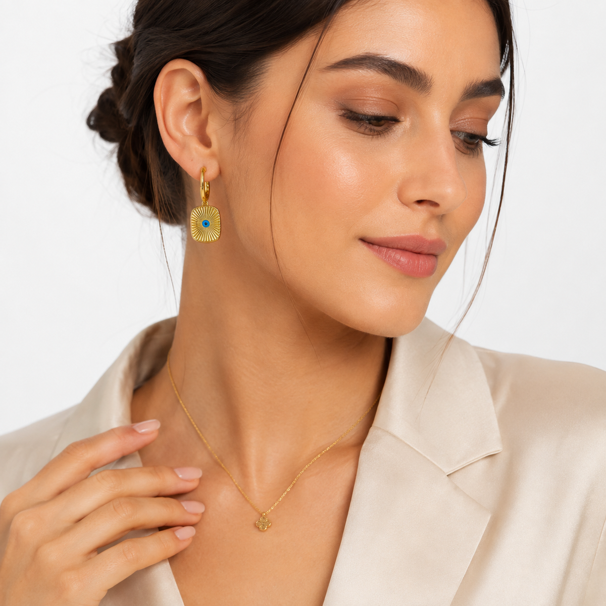 Blue Evil Eye Sunburst Gold Hoop Earrings