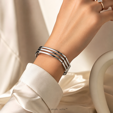 Luxe Triple-Line Silver Cuff Bracelet