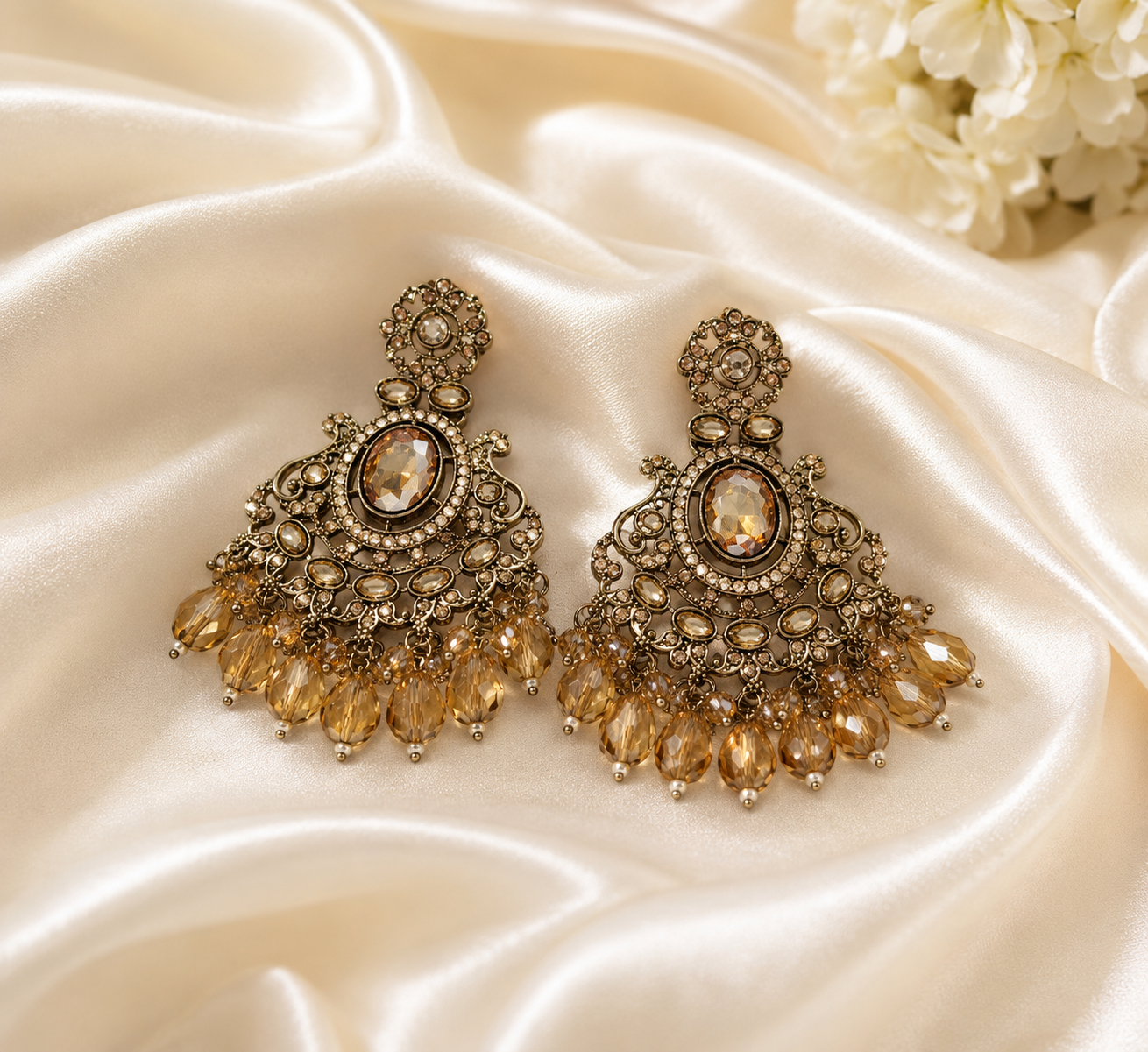 Royal Champagne Crystal Chandbali Earrings – Premium Ethnic Statement Earrings
