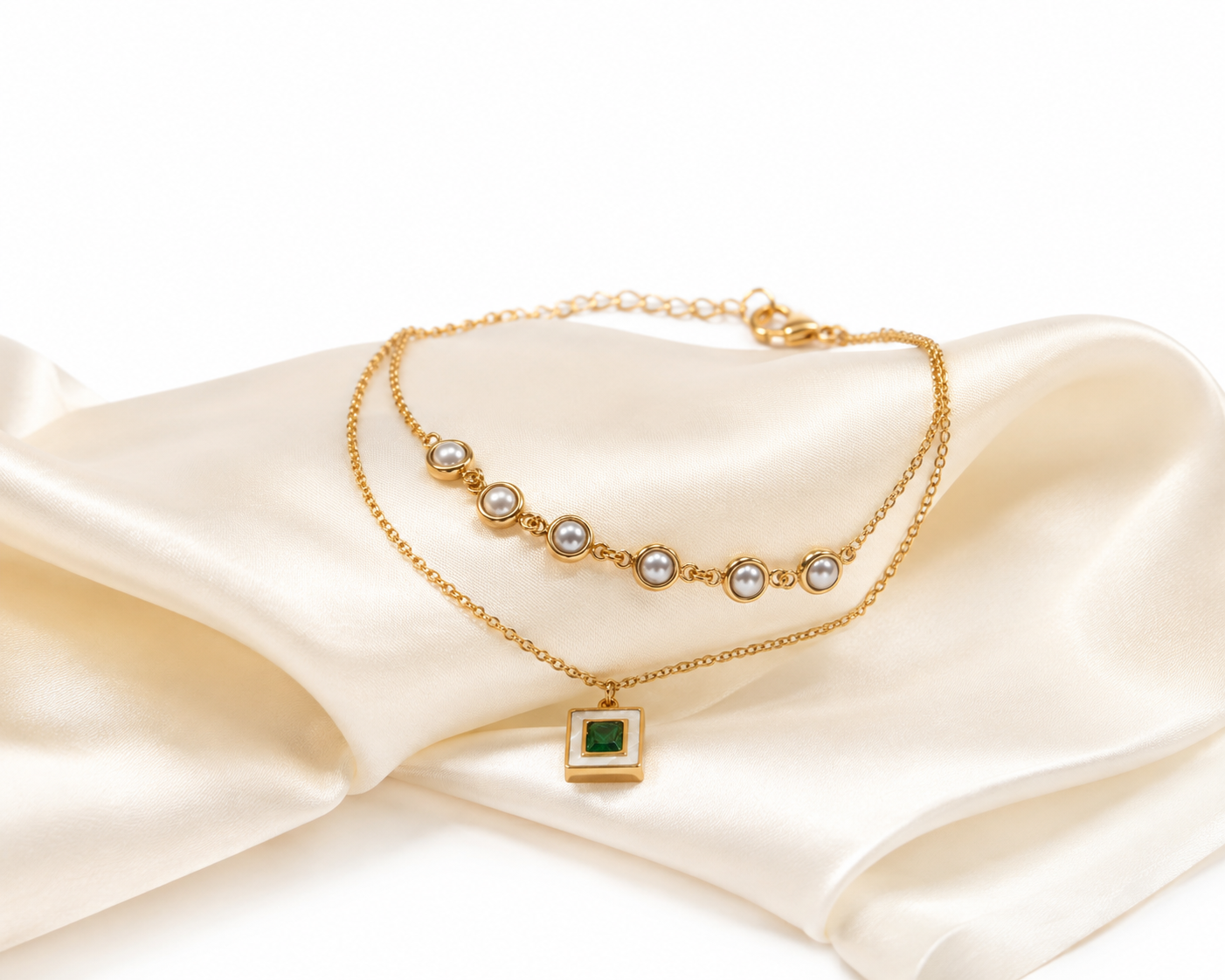Emerald Pearl Charm Layered Anklet