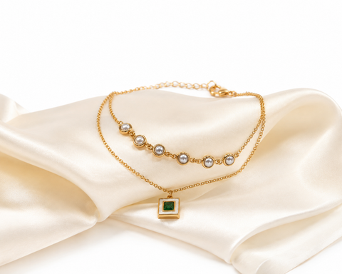 Emerald Pearl Charm Layered Anklet