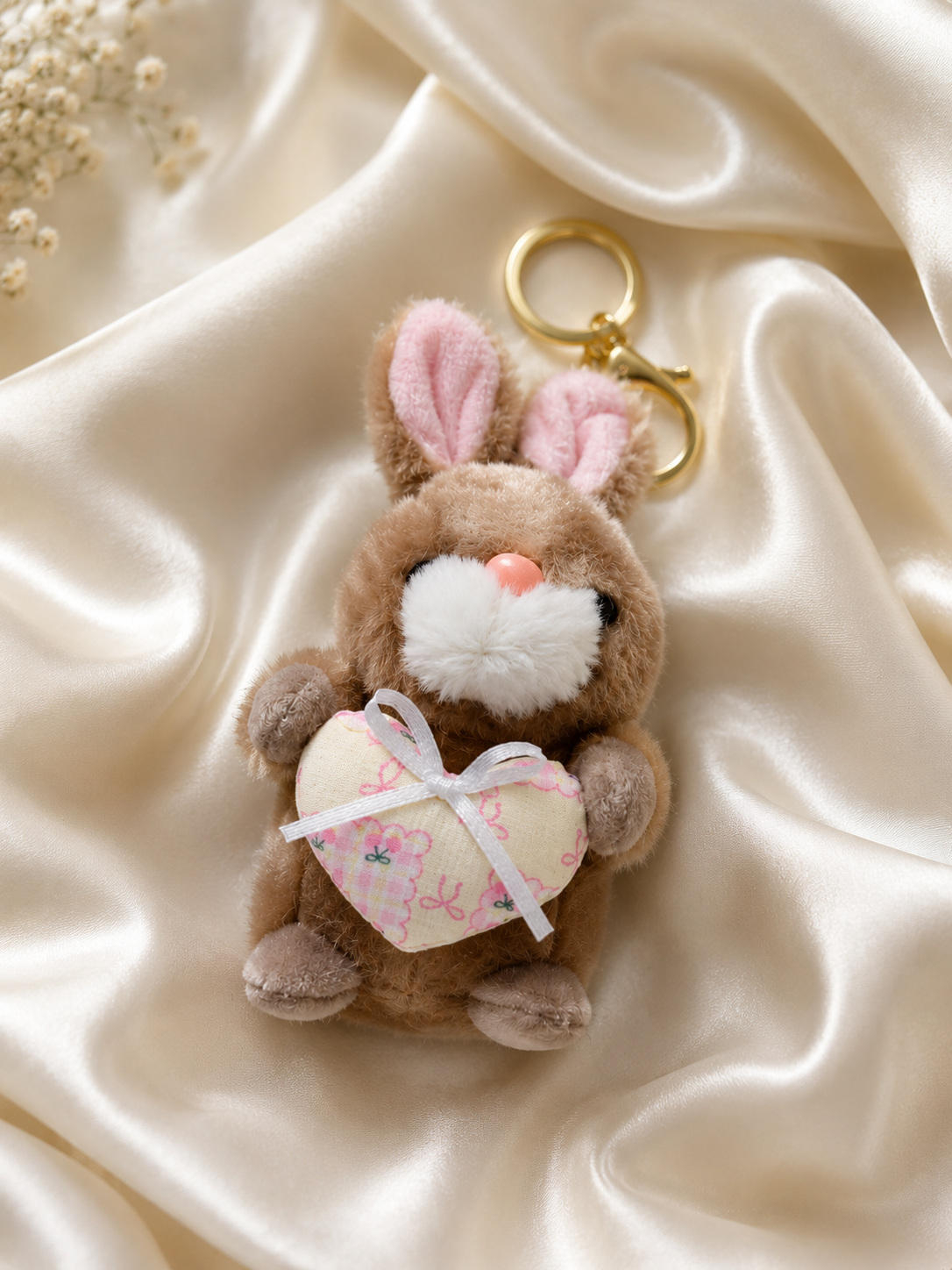 Cute Angel Bunny Heart Plush Keychain – Brown & Pink